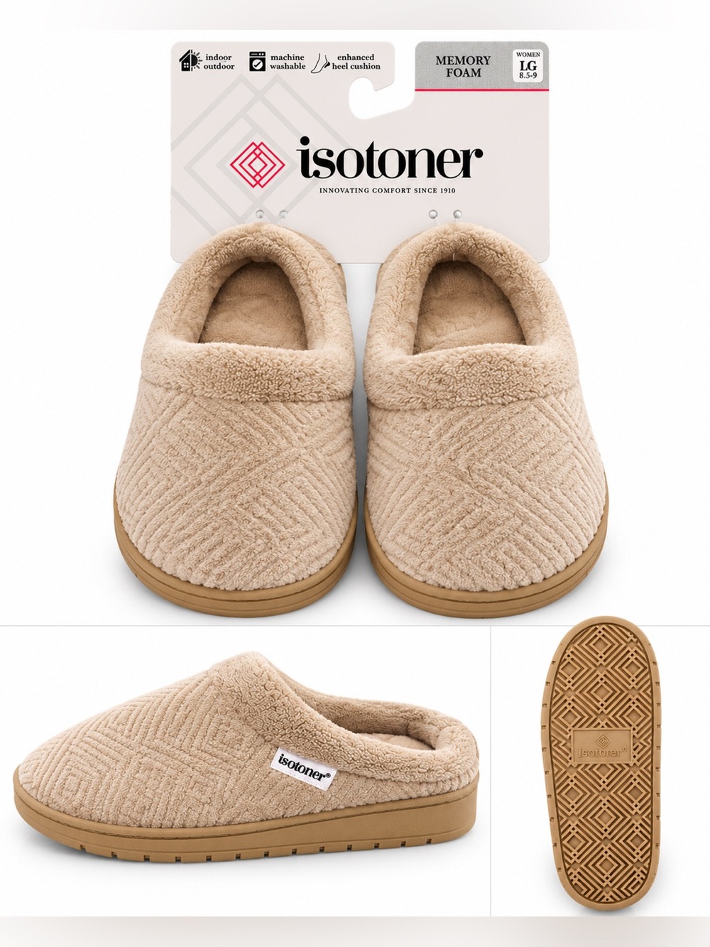 isotoner women’s 8.5 Plush Slip-On Slippers - Beige/Tan NWT